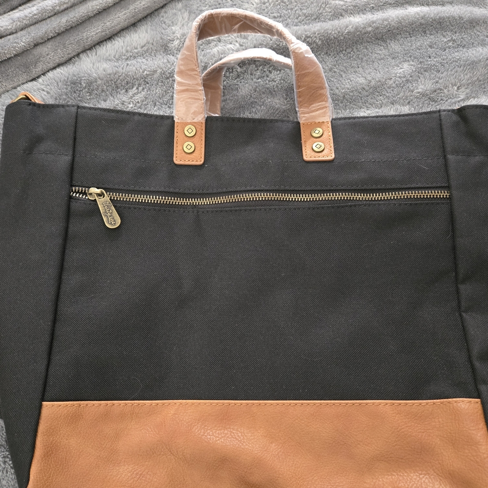 Black and Tan Minimalist Tote bag with Faux Leather Accents